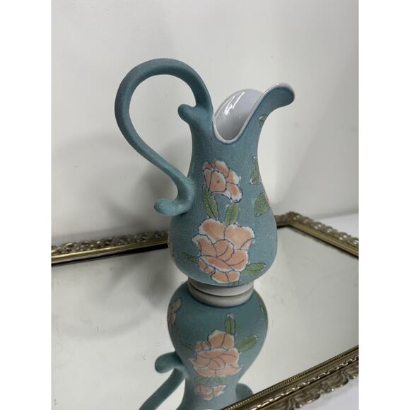 Vintage Glazed Sand Textured Botanical Roses Blue Ceramic Ewer Pitcher Vase - Picture 9 of 9